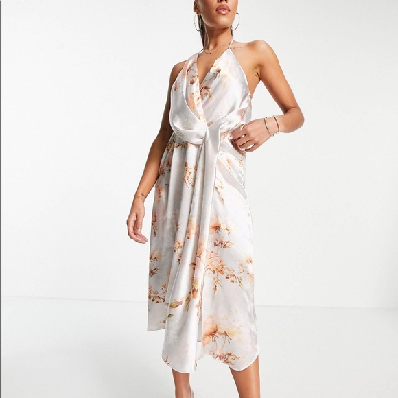 ASOS DESIGN minimal drape satin midi dress in occasion floral - Picture 2 of 7